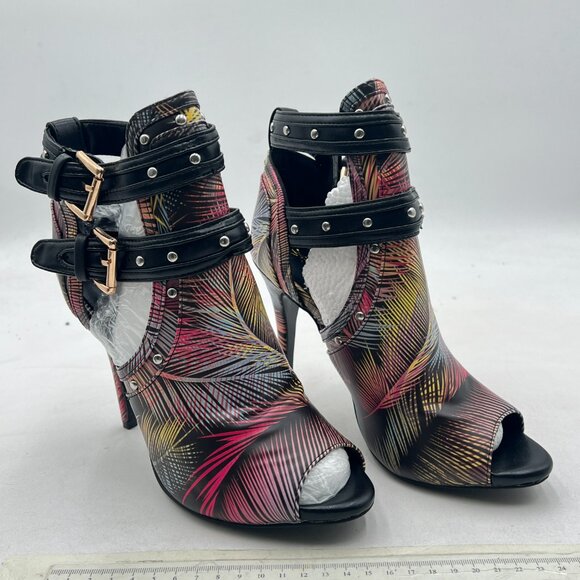 XYD Conifer Studs Peep Toe High Heel Buckled Double Straps Cutout Ankle Bootie - Picture 4 of 8